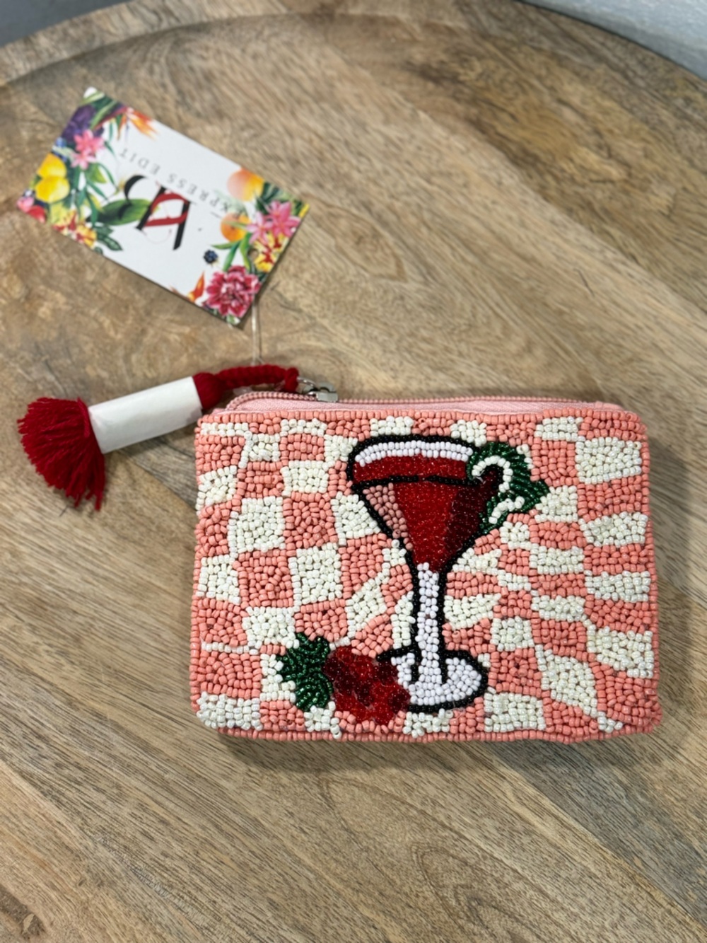 Adorable Mini Beaded Pink Checkerboard Wristlet with Red Tassel NWT